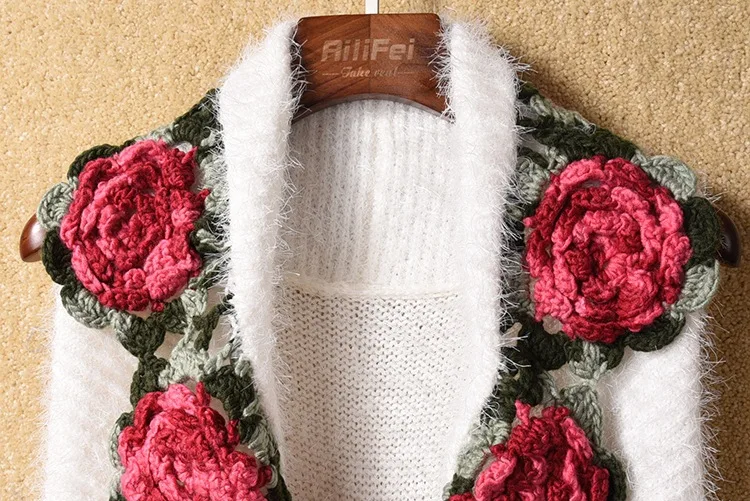 žiemos moteris moheros megzti apsiaustas cargidans lady rankovių siuvinėjimo rose megztiniai moterims, nėrimo gėlių sūpynės megztiniai