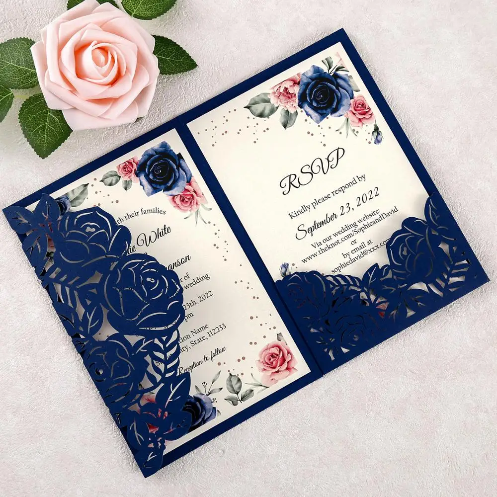 100vnt Mėlyna Tuščiavidurių Rožių Gėlių Vestuvių Kvietimai Individualų Korteles Vestuves