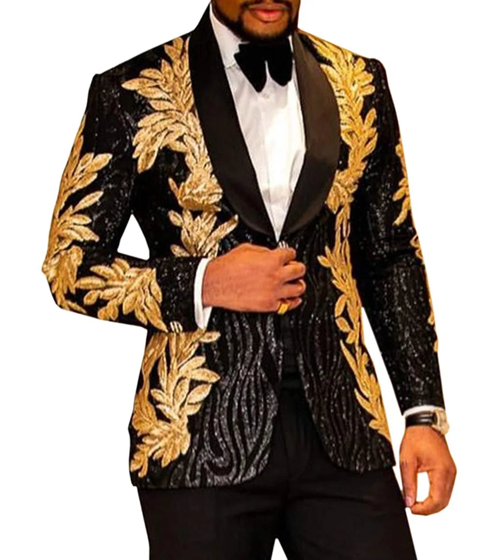 2 vnt Slim Fit vyriški Blizga Blizgučiai Aukso Aplikacijos Tinka Prom Tuxedos Jaunieji Striukė Vestuves Kostiumai Komplektas (Švarkas+Kelnės)