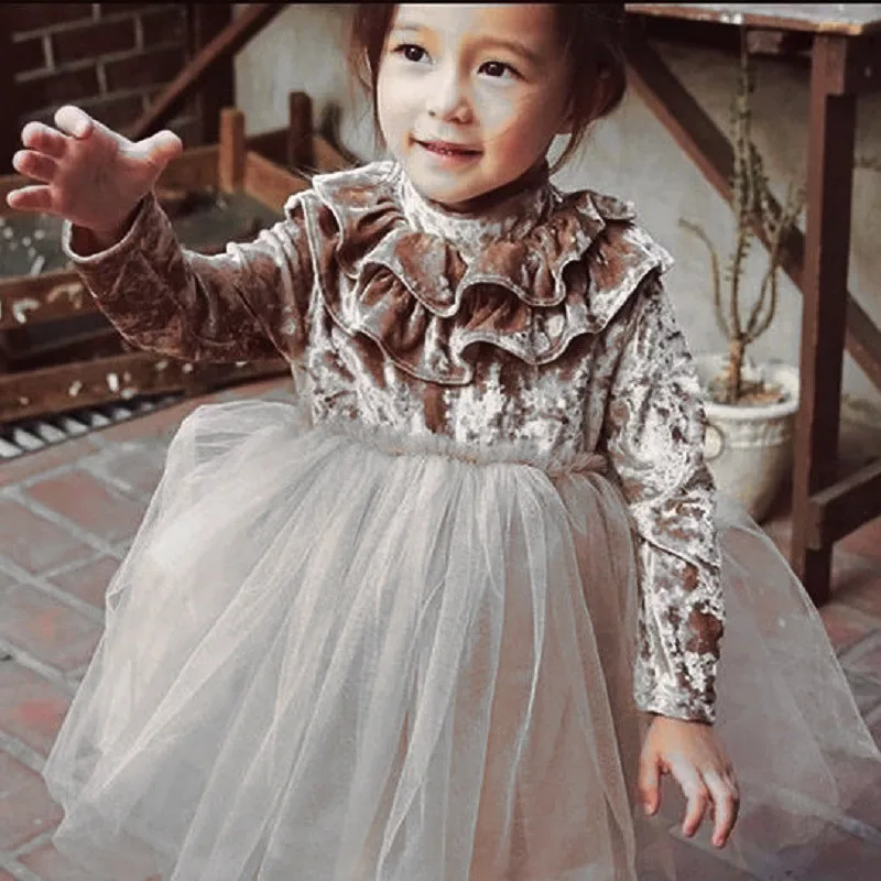 2019 Naujas Princesė Mielas Šiltas Kūdikiui Baby Girl Aksomo Suknelė Golfo Pynimas Kietas Nėrinių Tutu Suknelė 