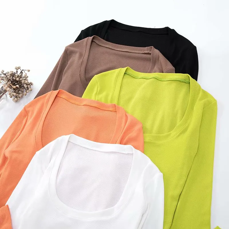 2019 žiemos naujas mados vientisos spalvos didelių U-kaklas trumpas, žemiausią T-shirt moterims, Moterų stora elastinga ilgomis rankovėmis sexy marškinėliai