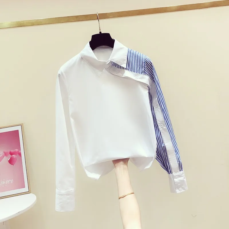 2020 m. Pavasarį Naujas korėjos Stiliaus Nereguliarus Dryžuotas Skydelis Pritvirtinti ilgomis Rankovėmis Marškinėliai moteriški Laisvalaikio Balta Palaidinė Mėlynos Juostelės Marškinėliai