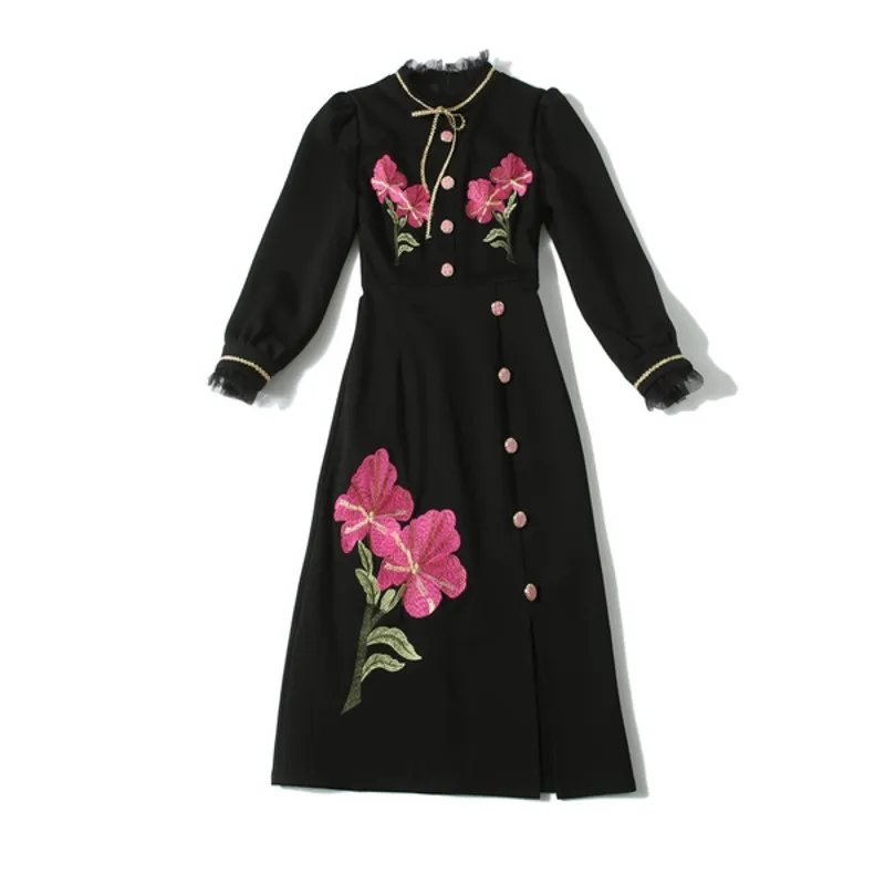 2020 m. rudens žiemos Taku Aukštos kokybės Senovinių Gėlių Siuvinėta Suknelė Moterims, Elegantiškas O-Kaklo, ilgomis rankovėmis Slim Šalis Suknelės