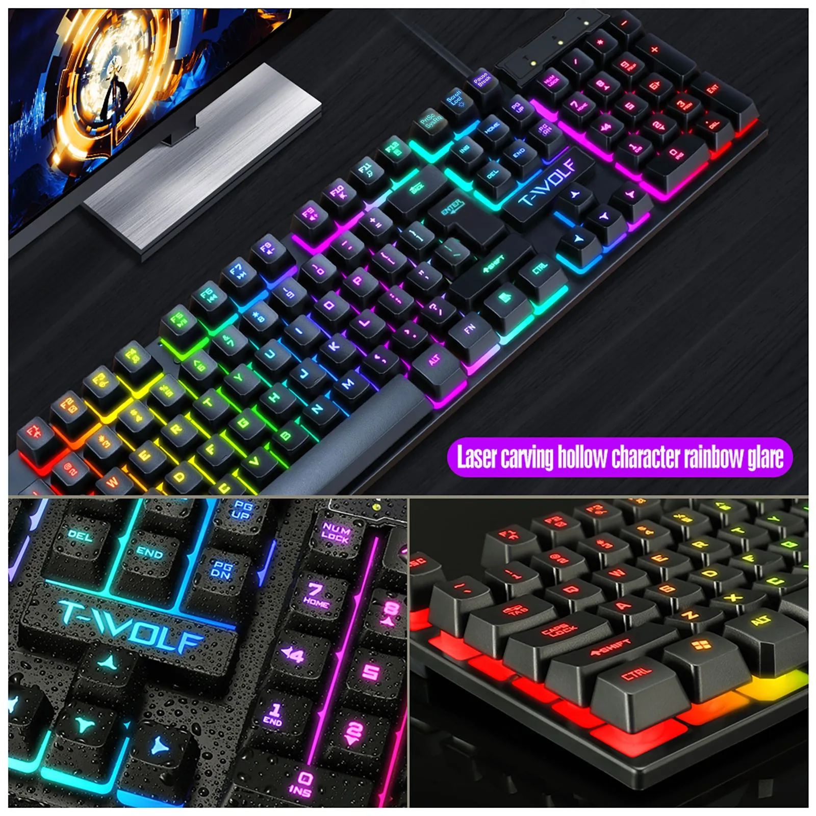 2021 Mados Laidinio Klaviatūros Ir Pelės Derinys LED Rainbow Apšvietimas Illuminated USB, Ergonomiškas Žaidimų Klaviatūros ir Pelės Rinkinys