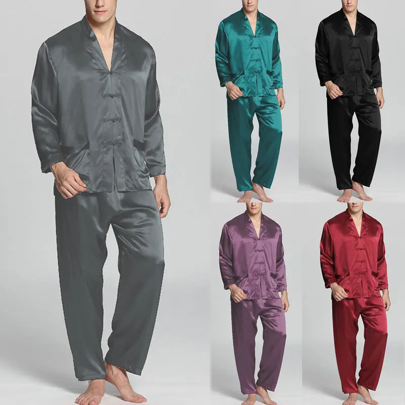 2021 Vasaros Vyrų Miegas Rinkiniai Vyrų Mados Pižama Rinkiniai Dirbtiniais Šilko Vientisos Spalvos Naktiniai Drabužiai Ilgomis Rankovėmis V-Kaklo Prarasti Mygtuką Sleepwear