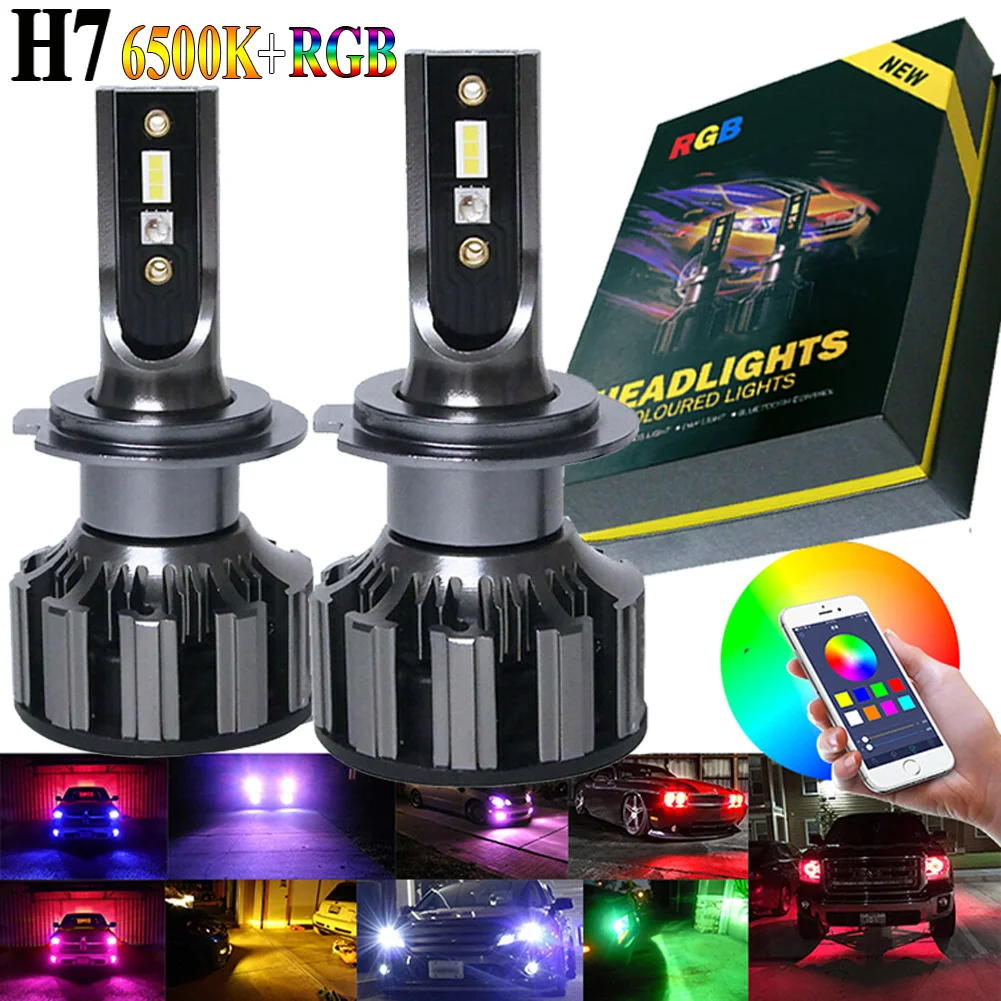 2vnt H7 LED Lemputes, RGB LED Žibintų Visiems Automobiliams Super Šviesus 80W 8000LM Žibintai APP 