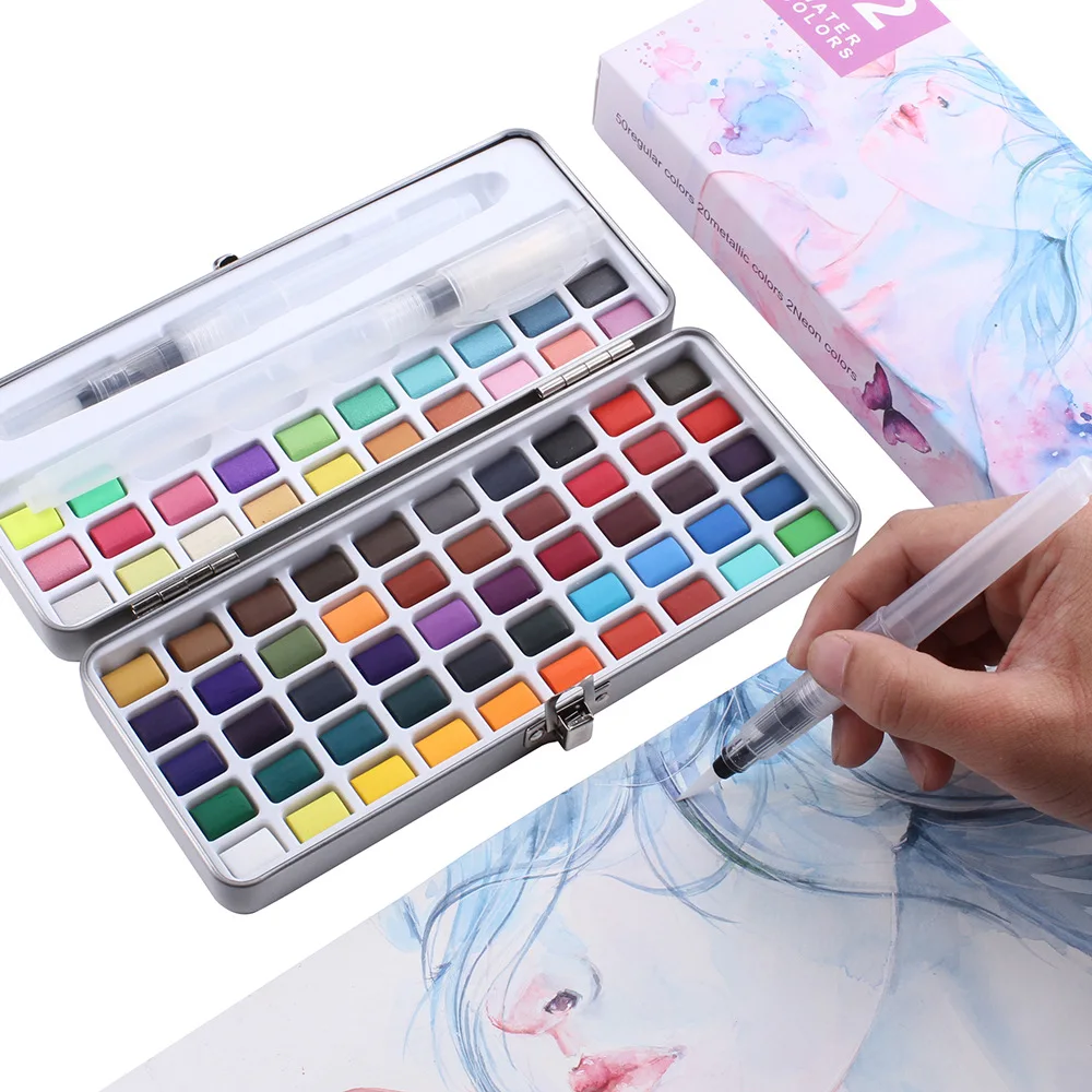 72 Spalvų Nešiojamų Kelionių Kietų Pigmento Akvarelės Dažų Rinkinys Su Vandens Spalvos Teptuku Pen vaikas dažų rinkinys