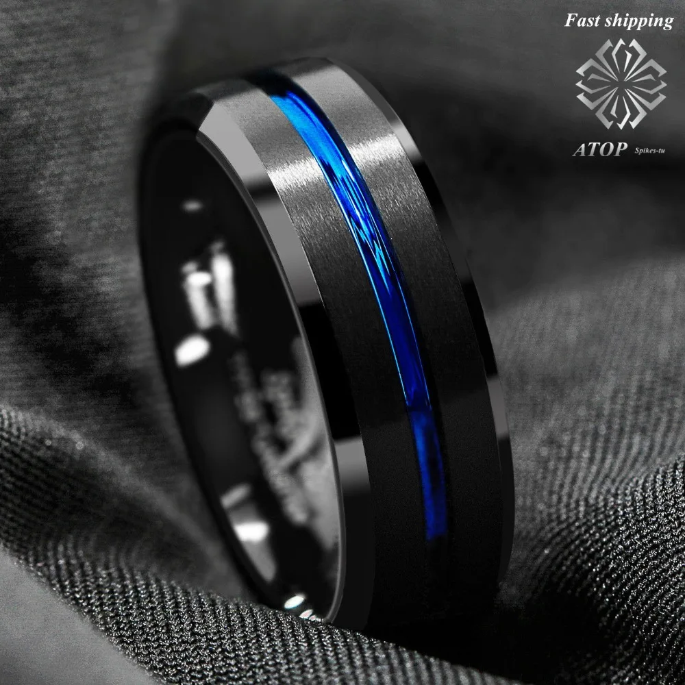 8mm vyriški Vestuvių žiedas Volframo Karbido Žiedas Juodo Šlifuoto Mėlyna Juostele Nemokamas Pristatymas