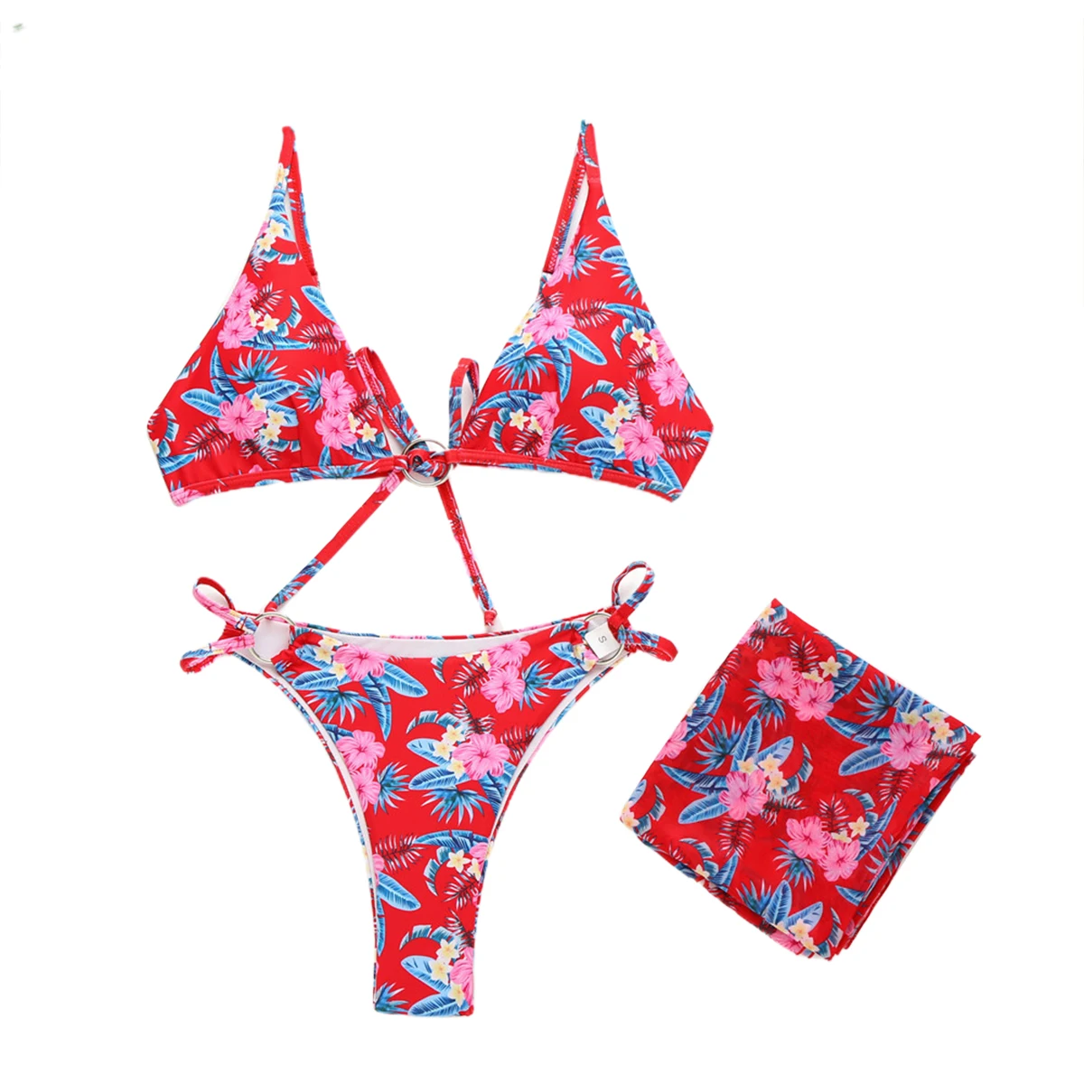 AA 3Pcs Moterys Vasarą Bikini Komplektas Ponios Kūrybos Gėlių, Augalų Spausdinimo Backless Tipo maudymosi Kostiumėliai + Wrap Moterų Plaukimo Kostiumai