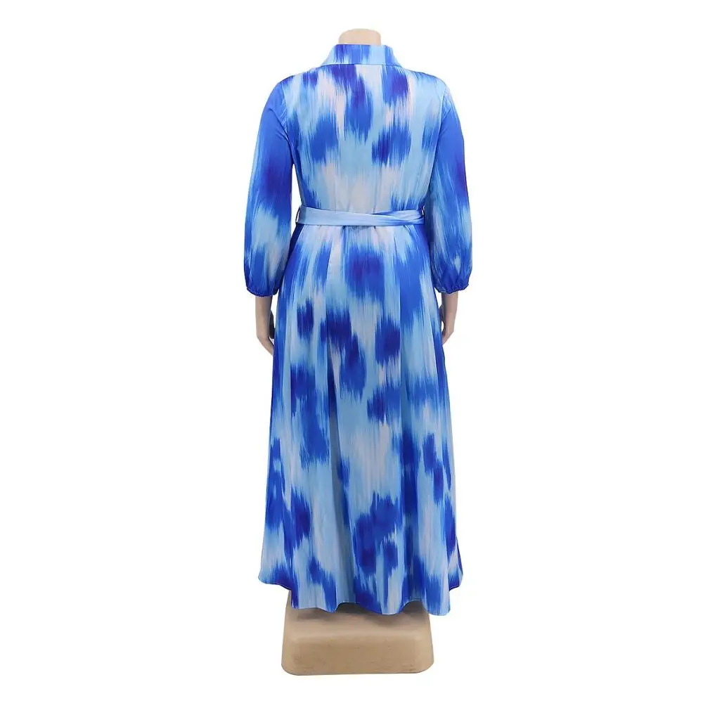 Afrikos Moterys didelio Dydžio, Suknelė 4xl 5xl Blue Print Long Sleeve Rudenį Vieną Krūtinėmis Aukšto Juosmens 2020 Elegantiška Suknelė Vakare Šalis