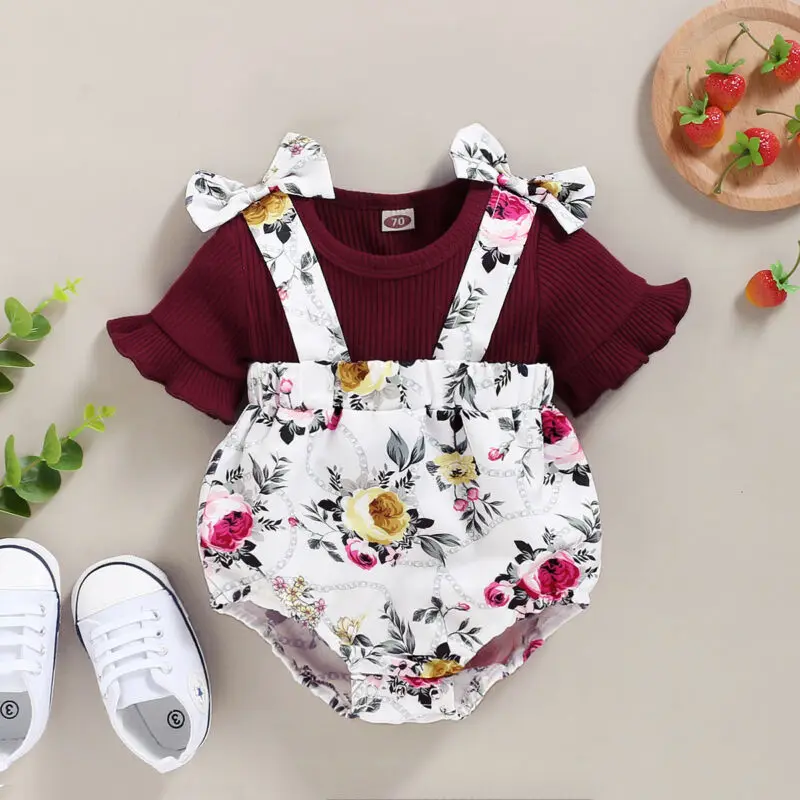 Bamblys Vaikams Baby Girl Viršūnės T marškinėliai+ Šortai, Kombinezonai su Antkrūtiniais Gėlių Komplektus Drabužių