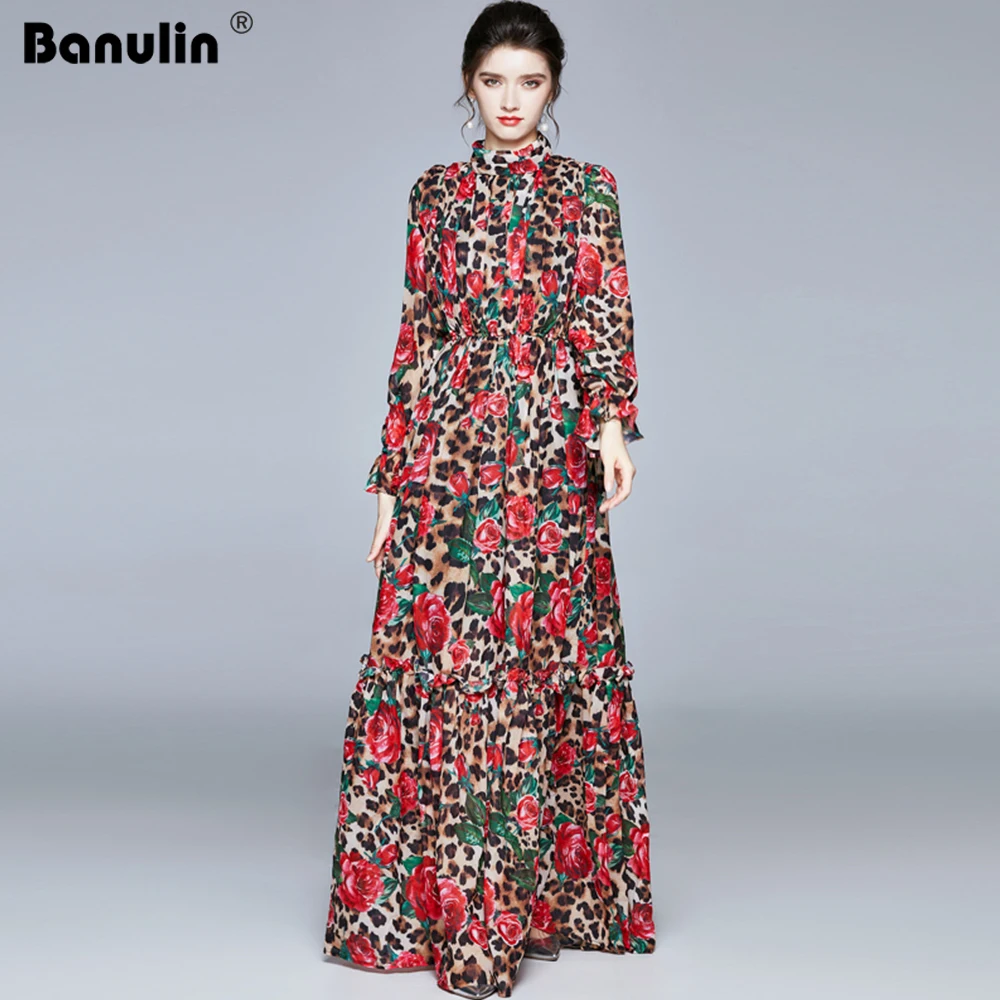Banulin Mados kilimo ir tūpimo Tako ilgomis Rankovėmis Maxi Suknelės Moterų ilgomis Rankovėmis Leopard 