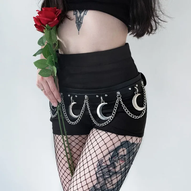Black PU Tamsiai Goth Moteris Diržo 2020 Lady Geležies Lydinys, Crescent Moon Grandines Reguliuojamas Sagties Cool Punk, Gothic Juosta, Pagrindinius Diržus