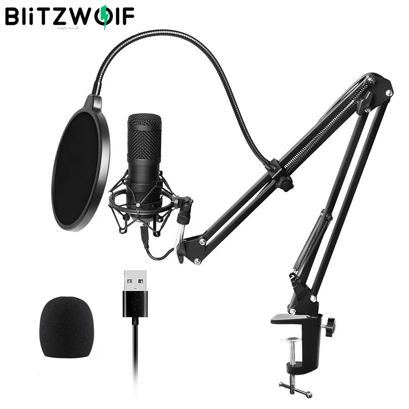 BlitzWolf BW-CM2 Kondensatoriaus Mikrofonas, USB Mikrofonas Dinaminis Garso Sistemos Rinkinys Console Laikiklis Stabdžių-spray Net Nustatyti Garso Recor