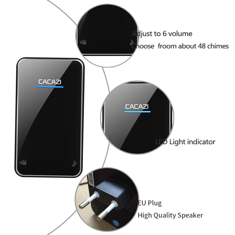CACAZI Belaidį durų skambutį Vandeniui Smart 300M Nuotolinio LED Mygtuką Siųstuvas Namo Skambina Varpas 48 Varpeliais, 6 Tomas JAV, ES, UK Plug