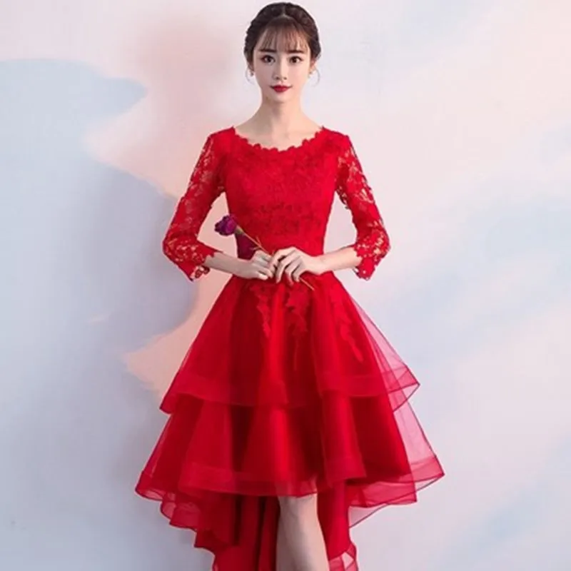 Chalatas de soiree Visą rankovės Bordo Raudona Elegantiškas Oficialų vakarinę Suknelę Nėrinių Appliques Trumpas Priekiniai Ilgai Atgal Prom Šalis Suknelės