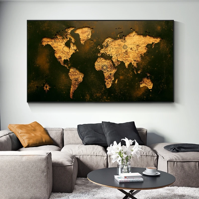 Derliaus Golden Pasaulio Žemėlapyje, Drobė, Tapyba ant Sienų, Menas, Plakatų ir grafikos Didelis Žemėlapis Dekoratyvinis Nuotraukos Kambarį Dekoro