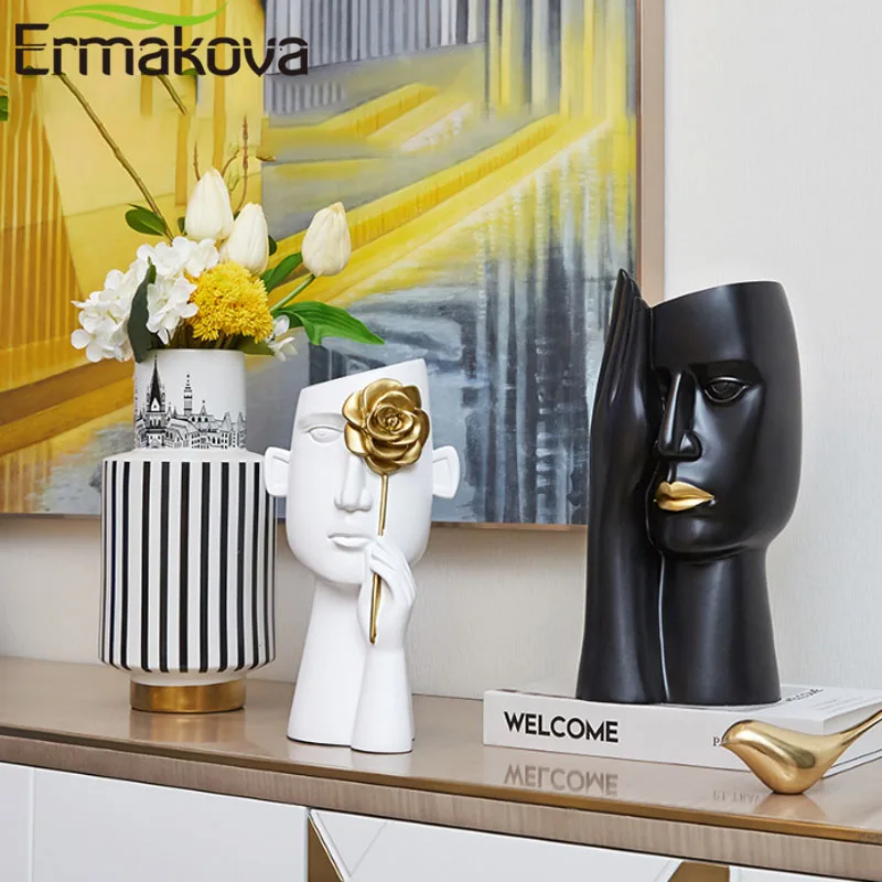 ERMAKOVA Minimalistinio Vazos Portretas Dervos Skulptūra Juodos Žmonių Galvos Vaza Puodą Biuro Stalas Gėlių kompozicijų Namų Puošybai.