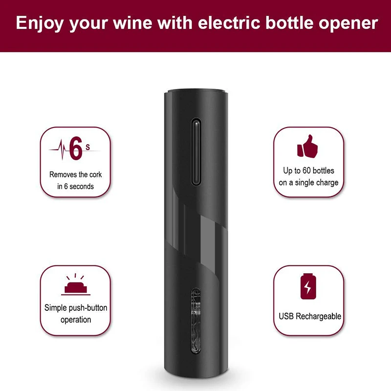 Elektros Vyno Atidarytuvas Įkrovimo Automatinė Kamščiatraukis, Vyno Butelio Atidarytuvas su Folija Cutter & USB Įkrovimo Kabelis, Tiktų Namų Jav