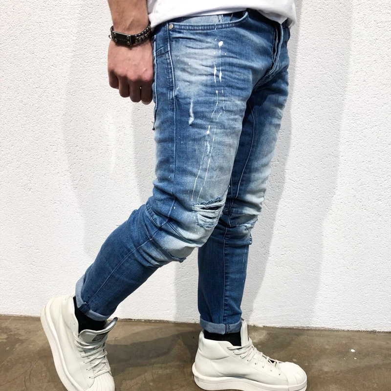 Europos dydį 2020 vyrų skylę džinsai Geros kokybės mėlyna Hip-hop slim vyrų jean Per 12 valandų Siųsti greitai mažiausios kainos