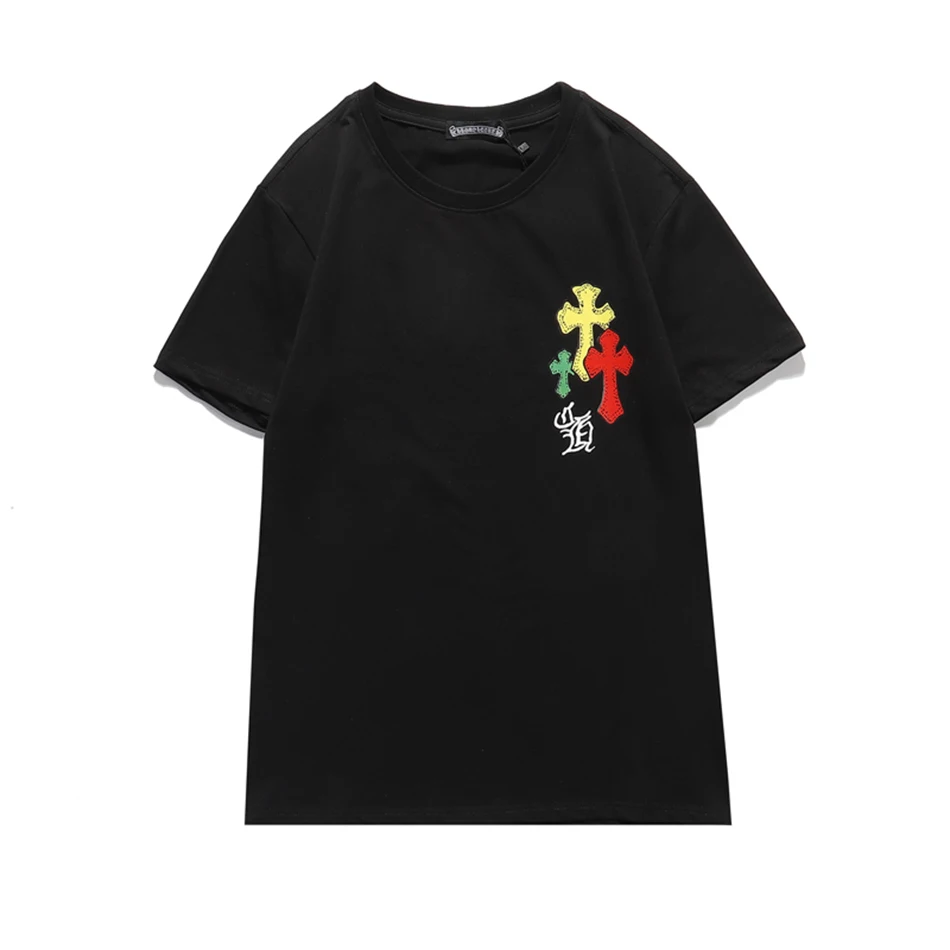 Europos ir Amerikos mados prekės ženklo vientisos spalvos kryžiaus grafiti atsitiktinis apvalios kaklo marškinėliai pora trumparankoviai marškinėliai