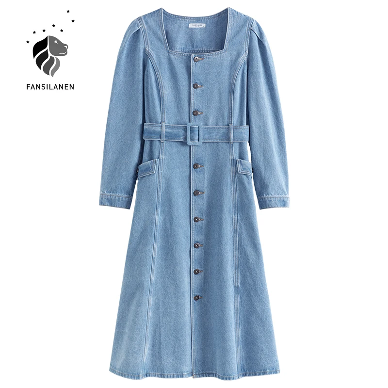 FANSILANEN Derliaus rudenį, žiemą ilgai mėlyna džinsinio audinio suknelė Moterims ilgomis rankovėmis slim elegantiškas džinsai suknelė Atsitiktinis diržas office suknelė 2020 m.