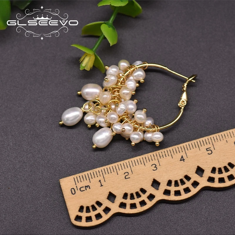 GLSEEVO Natūralių Gėlavandenių Perlų Balta Hoopas Auskarai Moteris Vestuvėms Originalaus Dizaino Rankų darbo Fine Jewelry GE0993A