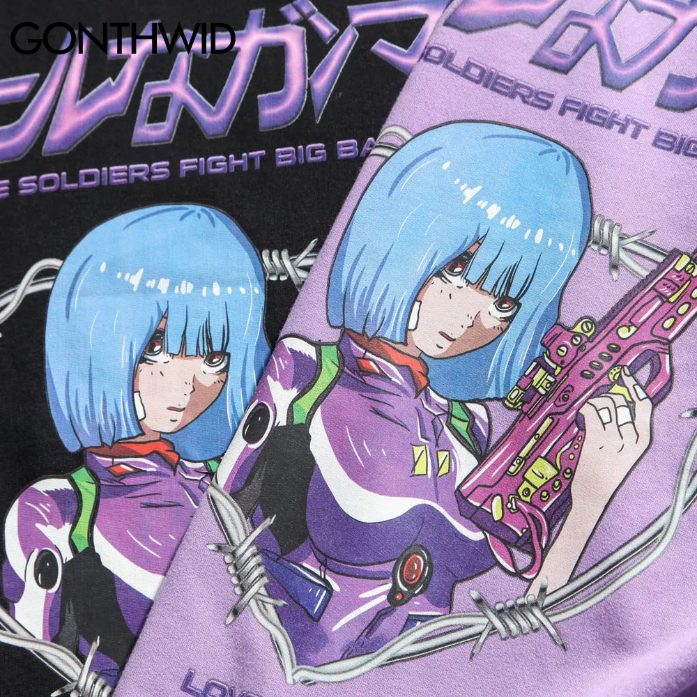GONTHWID Long Sleeve T-Shirts Japonų Anime ir Animacinių filmų Spausdinti Tshirts Harajuku Streetwear Hip-Hop Hipster Atsitiktinis Palaidų Tees Viršūnės