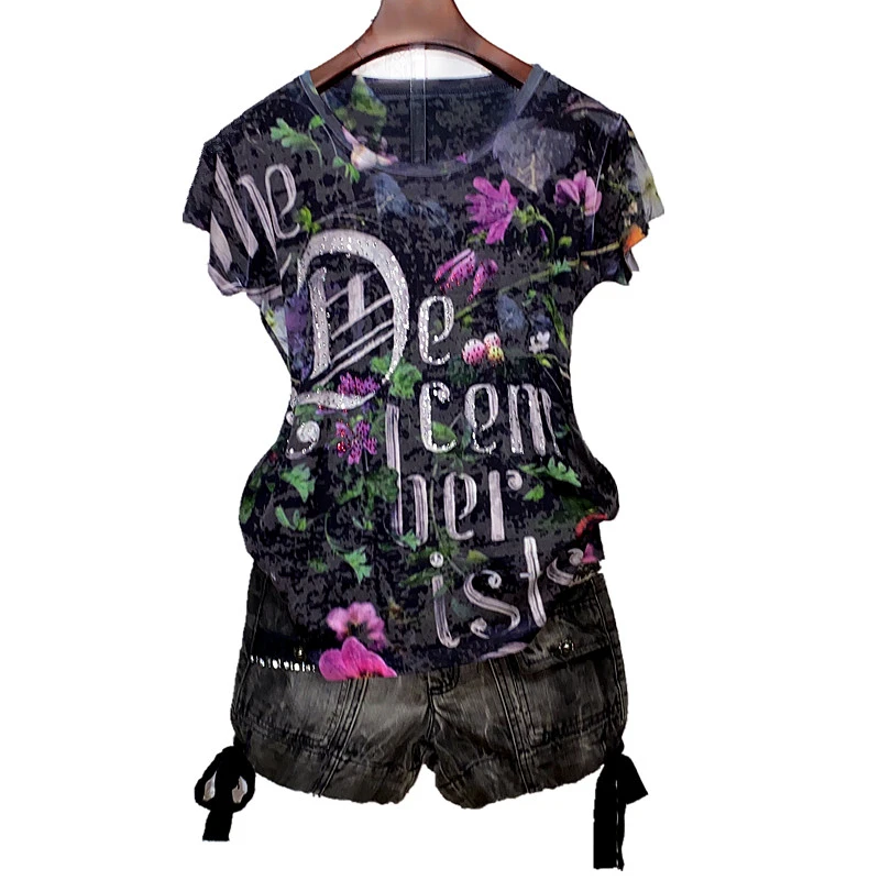 Gėlių raštais spausdinti marškinėliai moterims 4XL 2020 metų vasaros trumpos rankovės grafinis tees modis slim marškinėlius, o-kaklo viršūnes tee marškinėliai femme