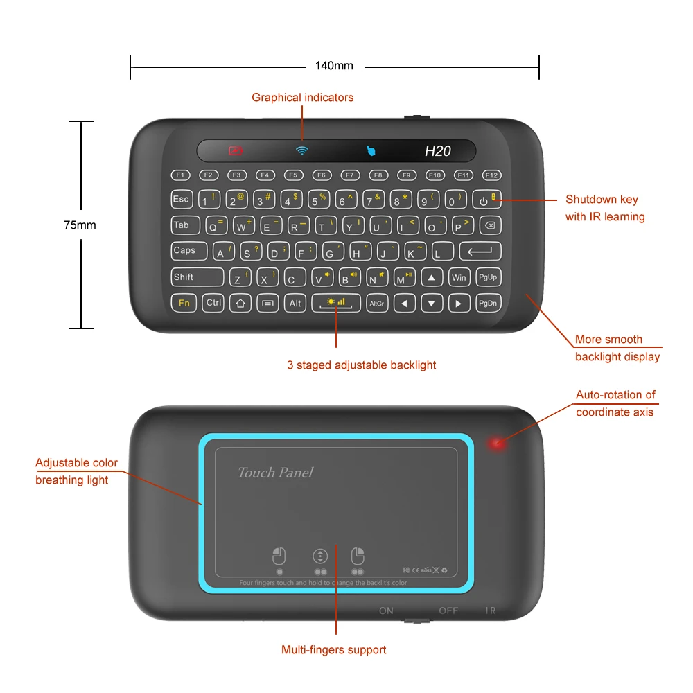 H20 Mini klaviatūra su Pilna Touchpad Apšvietimu IR Simpatijų 2.4 GHZ Oro Pelė, nuotolinio valdymo pultelis, skirtos Android TV Box