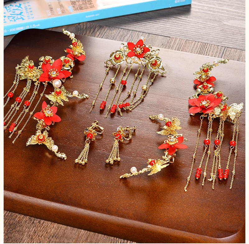 HIMSTORY Tradicinės Kinų Aukso Žiedų Red Pearl plaukų segtukai, Plaukų Stick Vestuvių Nuotakos Plaukų Coronet Plaukų Papuošalai, Plaukų Aksesuarai
