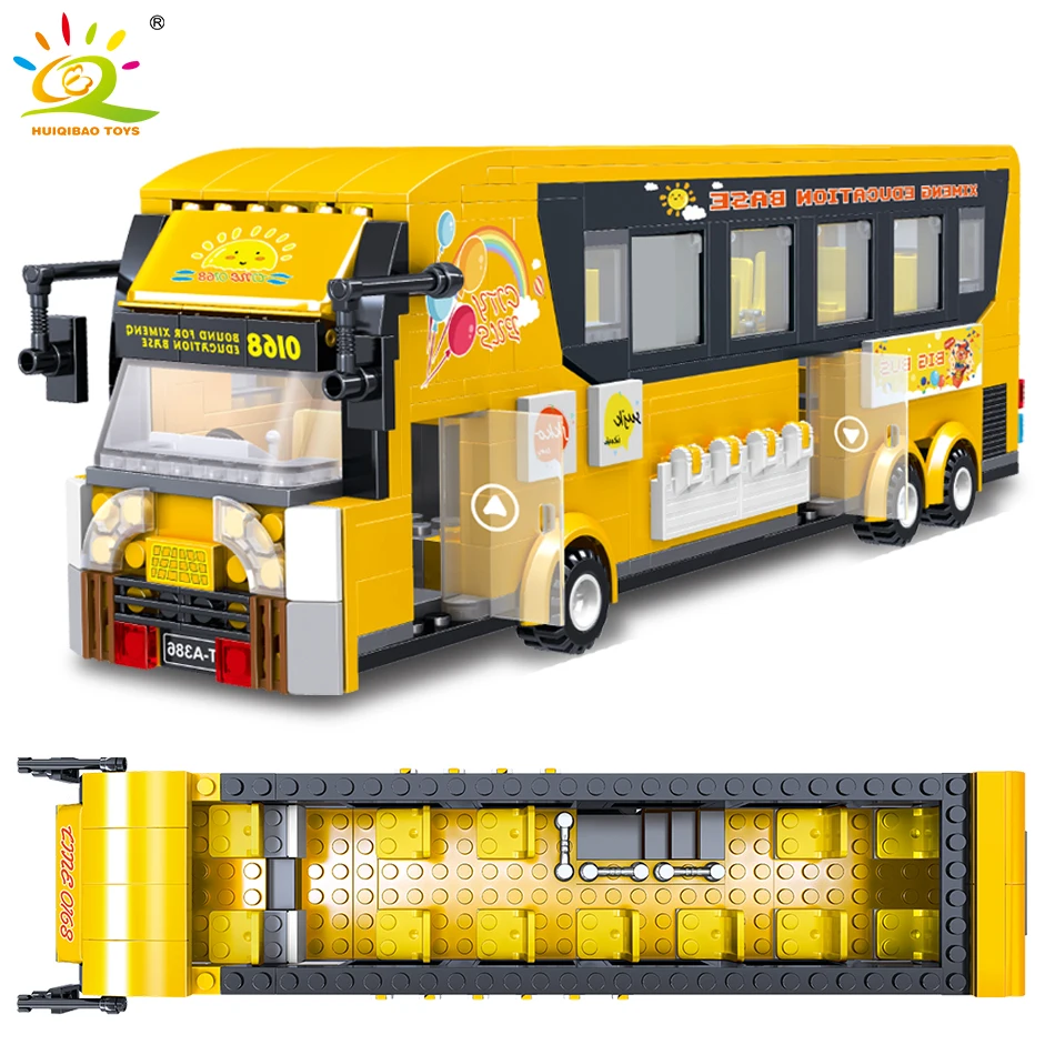HUIQIBAO 485Pcs Dviaukštis Autobusas Blokai Miesto Street View Duomenys Autobusų, Automobilių Transporto Plytų Švietimo Žaislai, Vaikų Dovanų