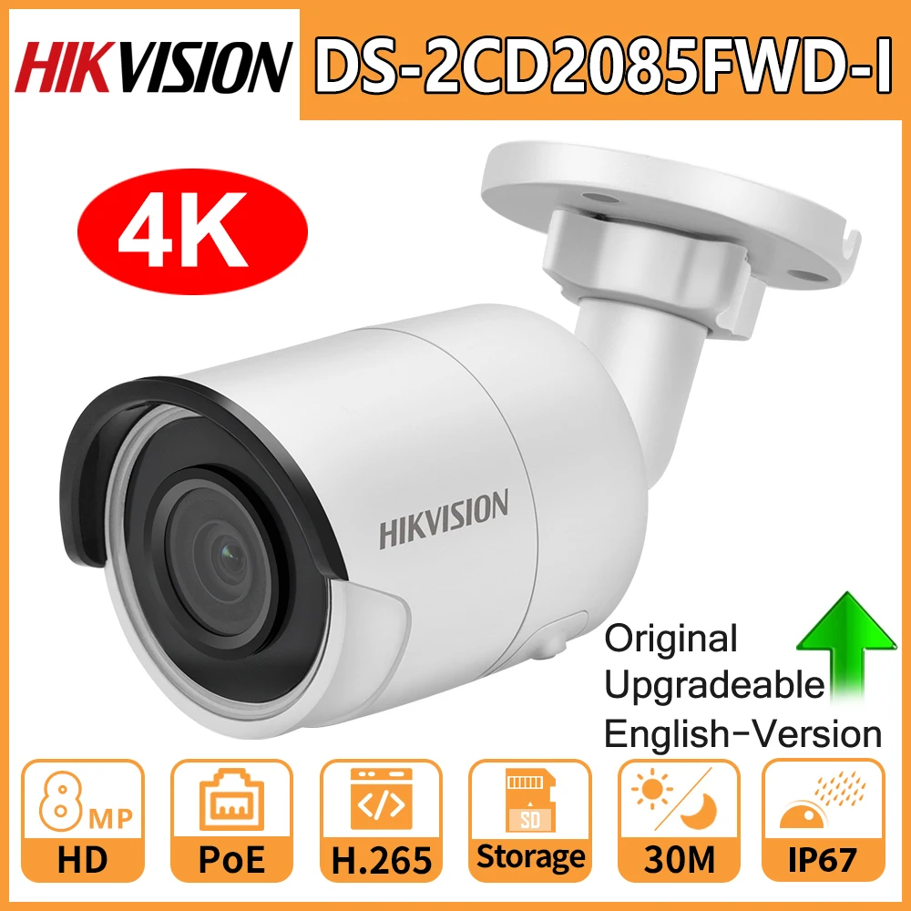 Hikvision Originalus 8MP 4K IP Camera DS-2CD2085FWD-I IR 30M Fiksuotojo Kulka Camara PoE CCTV Tinklo Saugumo IP67 IR 3D DNR Kameros