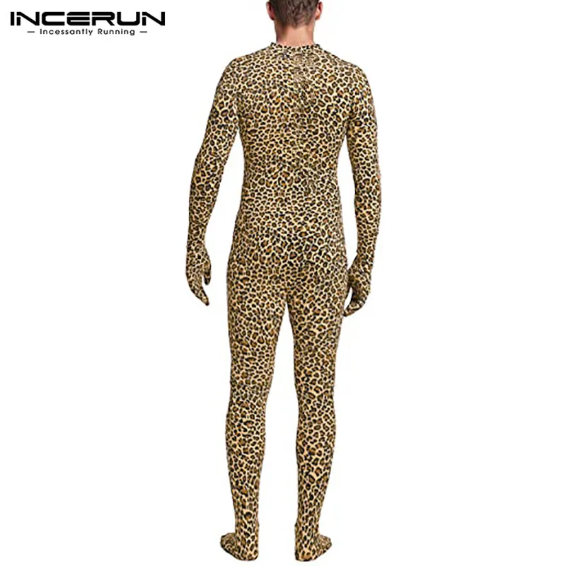INCERUN Vyrų Pižama Jumpsuit Leopardas Spausdinti ilgomis Rankovėmis Fitneso Atsitiktinis Rompers naktiniai drabužiai Užtrauktukas Homewear Sleepwear Vyrų darbo drabužiai