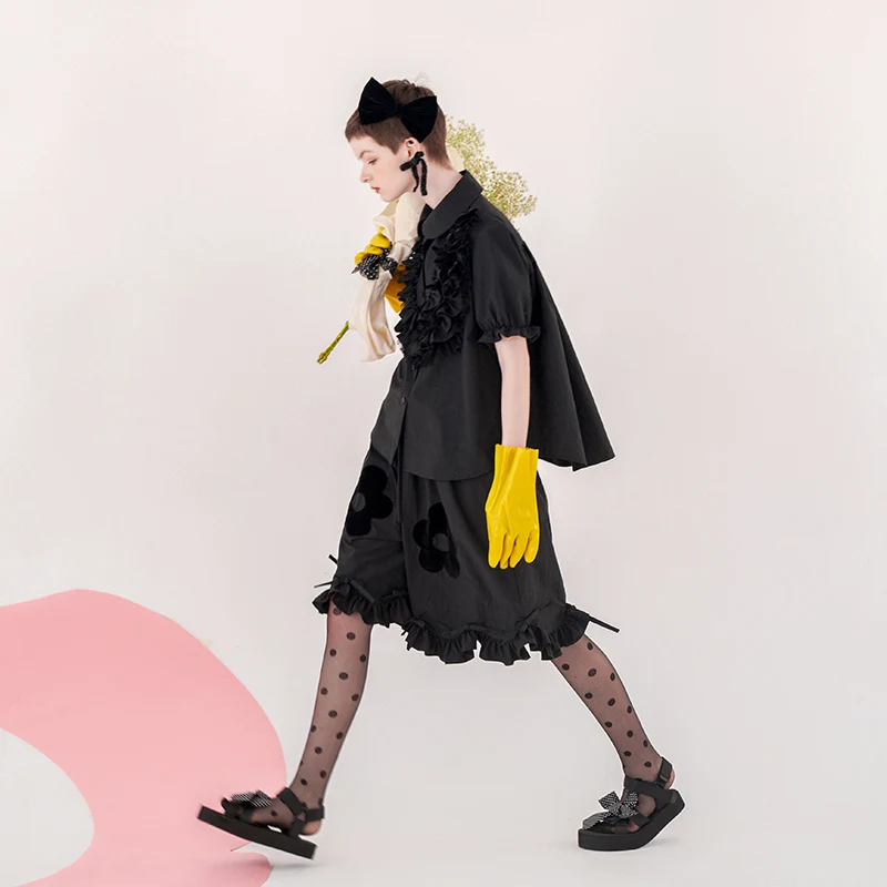 Imakokoni juodos spalvos gėlių nėriniais kelnes originalaus dizaino Japanese plataus kojų kelnės 20 Xia Xin 202909
