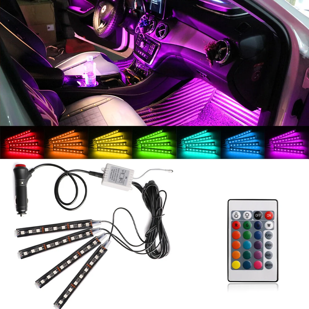 Interjeras, LED Žibintai, Automobilių 4-in-1 Spalvinga RGB Šviesos Juosta 9LED Aplinkos Šviesos Automobilio Interjero Dekoratyvinės Šviesos Su Nuotolinio Valdymo