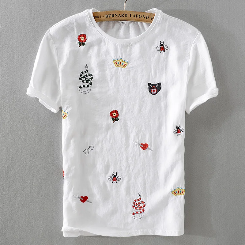 Išskirtinį siuvinėjimo vasaros marškinėliai vyrams trumpomis rankovėmis lino t-shirt mens mados prekės ženklo vyrų marškinėlius patogus ruožas camiseta