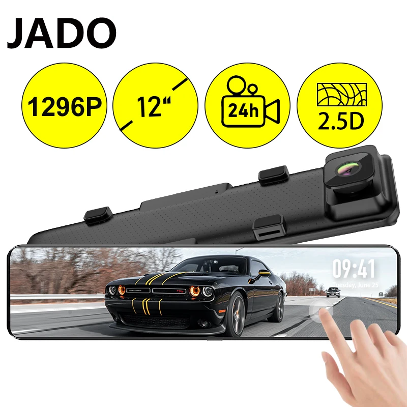 JADO 12 Colių Jutiklinis Ekranas, galinio vaizdo Veidrodėliai Brūkšnys Cam 1080P Automobilių DVR Stream Media Brūkšnys Kameros, Priekiniai Ir Galiniai Automobilio Kamera, Diktofonas