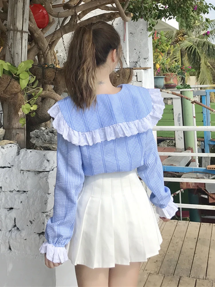 Japonijos Korėja Stiliaus Pledas Marškiniai Pynimas Varpas Rankovėmis Vidurinės Mokyklos Uniformos Studentų Mielas Mergaičių Harajuku Preppy 