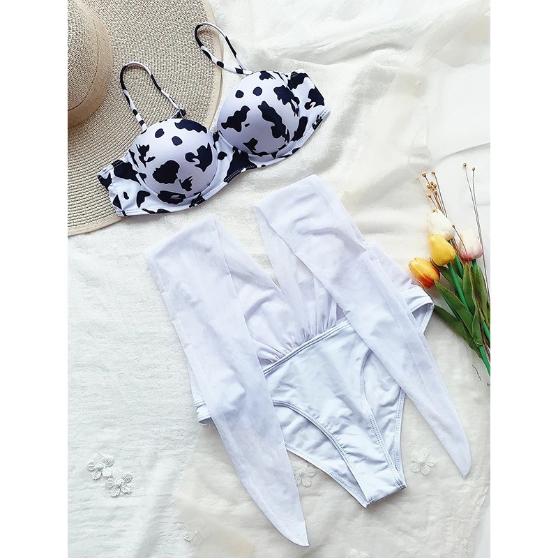 Karvė spausdinti seksualus bikini komplektas Apynasrio retro maudymosi kostiumėlį moterų Tinklinio aukšto juosmens bikini Push up maudymosi kostiumėliai moterims 2020 m., Baltos spalvos maudymosi kostiumas