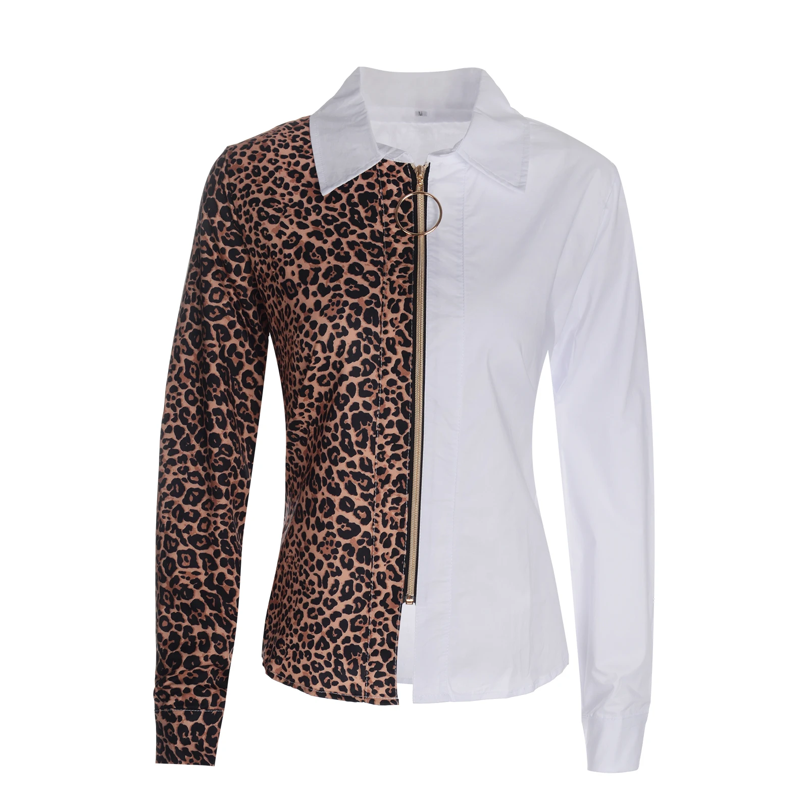 Karšto Mados Leopard Balta Spliced Palaidinė Moterims Marškinėliai Pavasarį, Rudenį Ilgomis Rankovėmis Zip-Up V-Kaklo Viršūnes Atsitiktinis Moterų Plius Dydžio Palaidinė