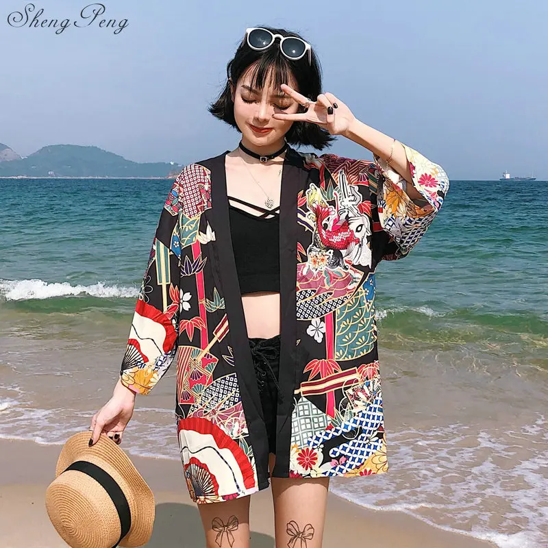 Kimonos moteris 2021 Japonų kimono megztinis cosplay marškinėliai palaidinė moterims Japonijos yukata moterų vasaros paplūdimio kimono V1400