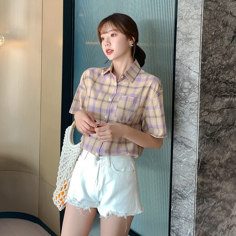 Korėjos Mados Vasaros Moterų Pledas Marškiniai Trumpomis Rankovėmis Marškinėliai Moterims Streetwear Slim Violetinė Palaidinė Elegantiškas Biuras Ponios Viršūnės