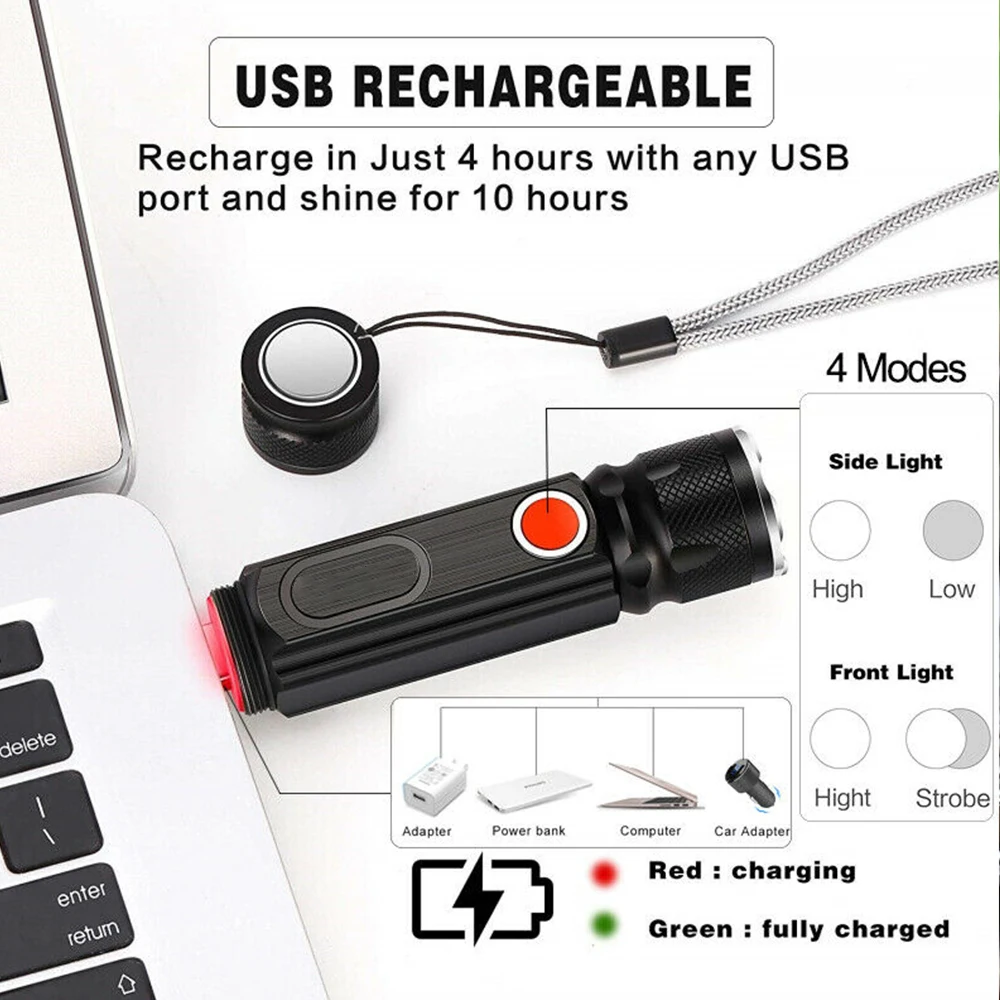 LED Žibintuvėlis Įkraunamas Zoomable T6 COB Fakelas Pusėje Dirbti Avarinės Šviesos Lempa USB jungtį su Magnetinių Bazės Lauko