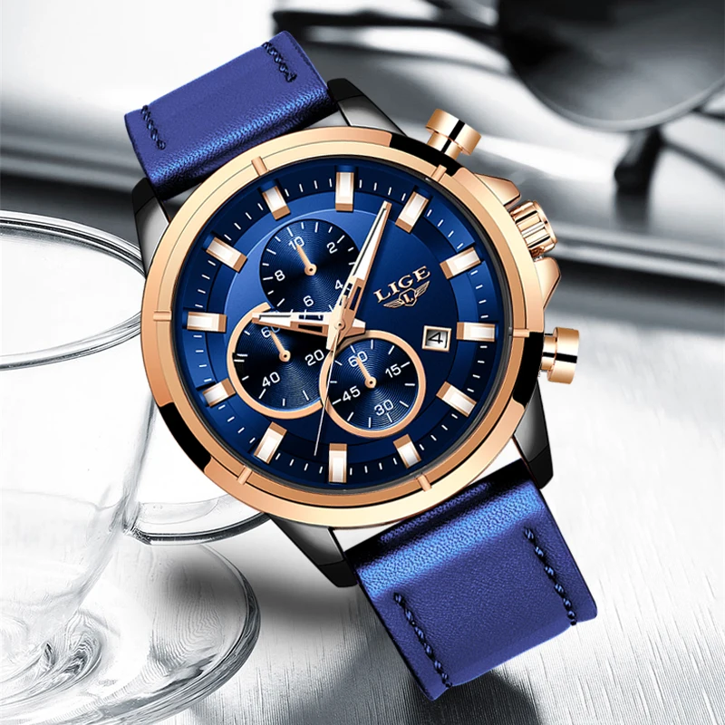 LIGE Atsitiktinis Sporto Laikrodžiai Vyrams Blue Top Brand Prabanga Karinės Odinis Riešo Žiūrėti Žmogus Laikrodis Mados Chronograph Laikrodis