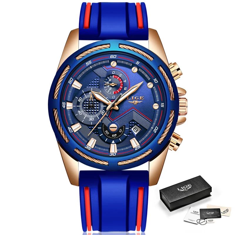 LIGE Verslo Vyrų Laikrodžiai Top Brand Prabanga Karinės Mėlyna Sporto Silikono Riešo Žiūrėti Žmogui Laikrodis Mados Chronograph Laikrodis