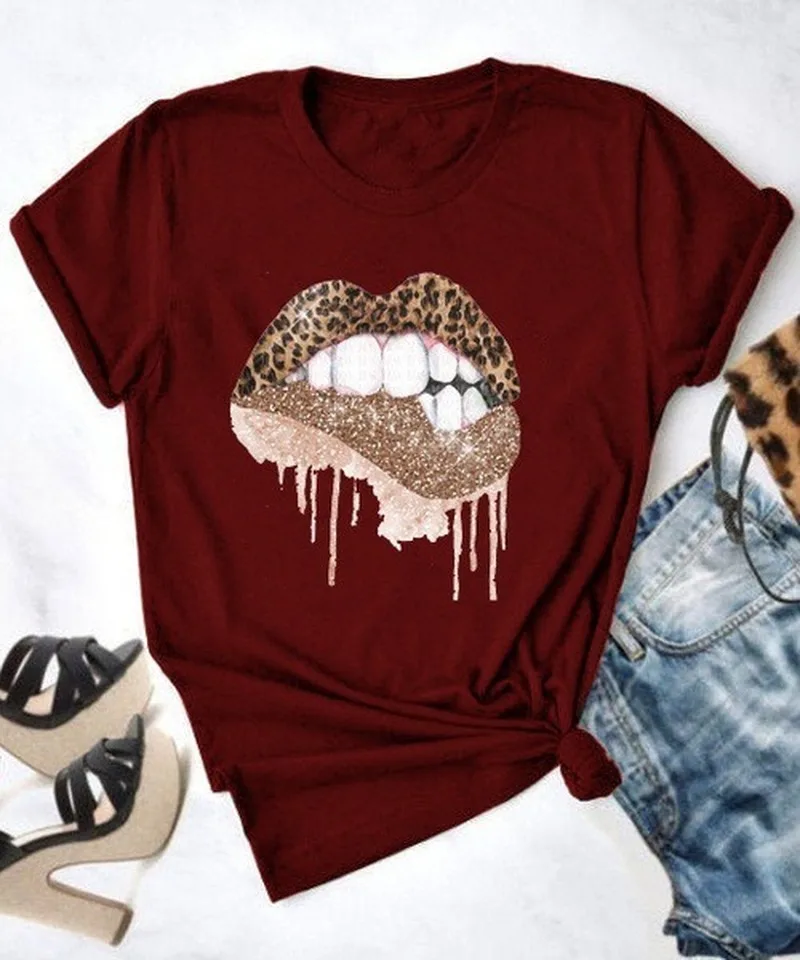 Leopard Lūpų Spausdinti Marškinėliai Moterims Trumpomis Rankovėmis O Kaklo Laisvus Marškinėlius Vasarą Moterys, Marškinėliai, Topai Camisetas Mujer