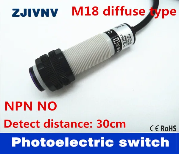 M18 difuzinis atspindys tipas PNP NO DC 3 laidų linijiniai jungiklis normaliai atviras jutiklis atstumas 5-30cm aukščio G18-3A30NA