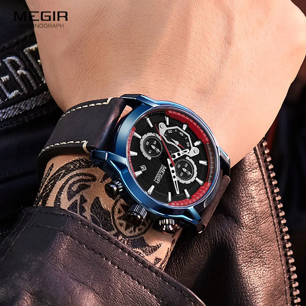 MEGIR Prabanga Chronograph Kvarcas Laikrodžiai Vyrams Top Brand Odos Laikrodis Vyrui atsparus Vandeniui Šviesos Karinės Sporto Watch Laikrodis 2104