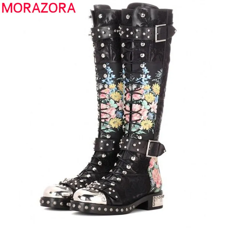 MORAZORA 2020 m. rudens-žiemos mados klasikinis natūralios odos kelio ilgi batai mažo kulno, suapvalinti tne sagtis kniedės moterų batai
